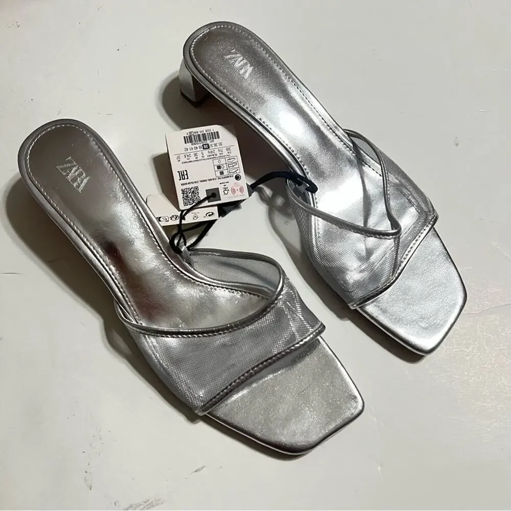 Zara Silver METALLIC MESH HEELED SLIDES Size 7.5 - Picture 7 of 13